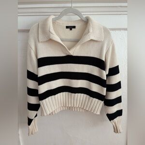 Quince Organic Cotton V-Neck Sweater in Cream and Black Stripes